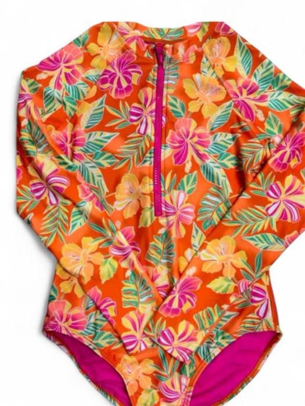 wonder nation Orange Floral Zip-Front Long-Sleeve One-Piece Swim